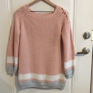 QUIZ Knitted Baby pink striped dress sweater